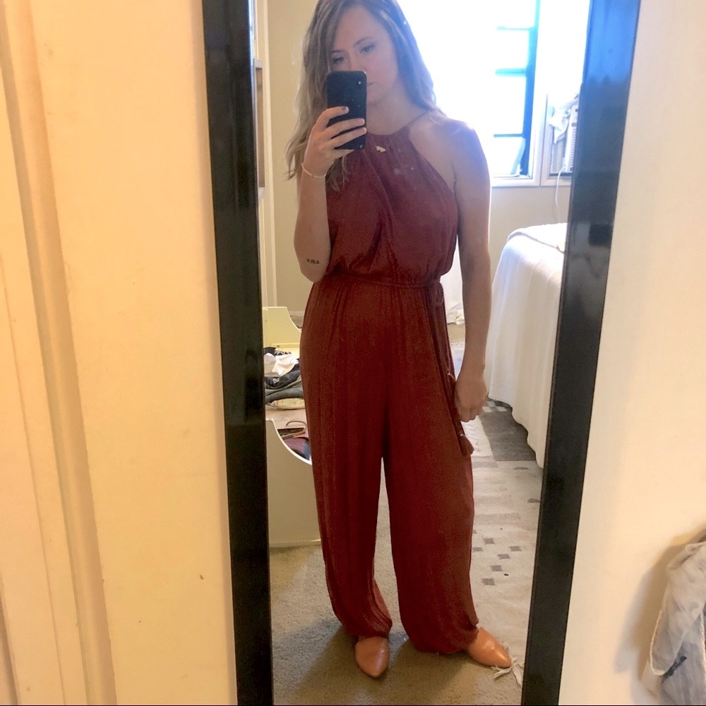 Anthropologie Elevenses Halter Jumpsuit Tasseled in Brick Red size X-Small